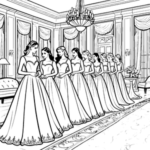 Elegante Brautjungfern in traumhaften Kleidern Ausmalbild für kreative Fashionfreunde