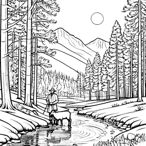 Friedlicher Schäfer mit Schaf am glitzernden Fluss Ausmalbild für kleine Naturentdecker