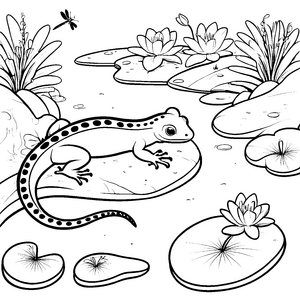 Faszinierender Salamander am glitzernden Teich Ausmalvorlage für kleine Entdecker