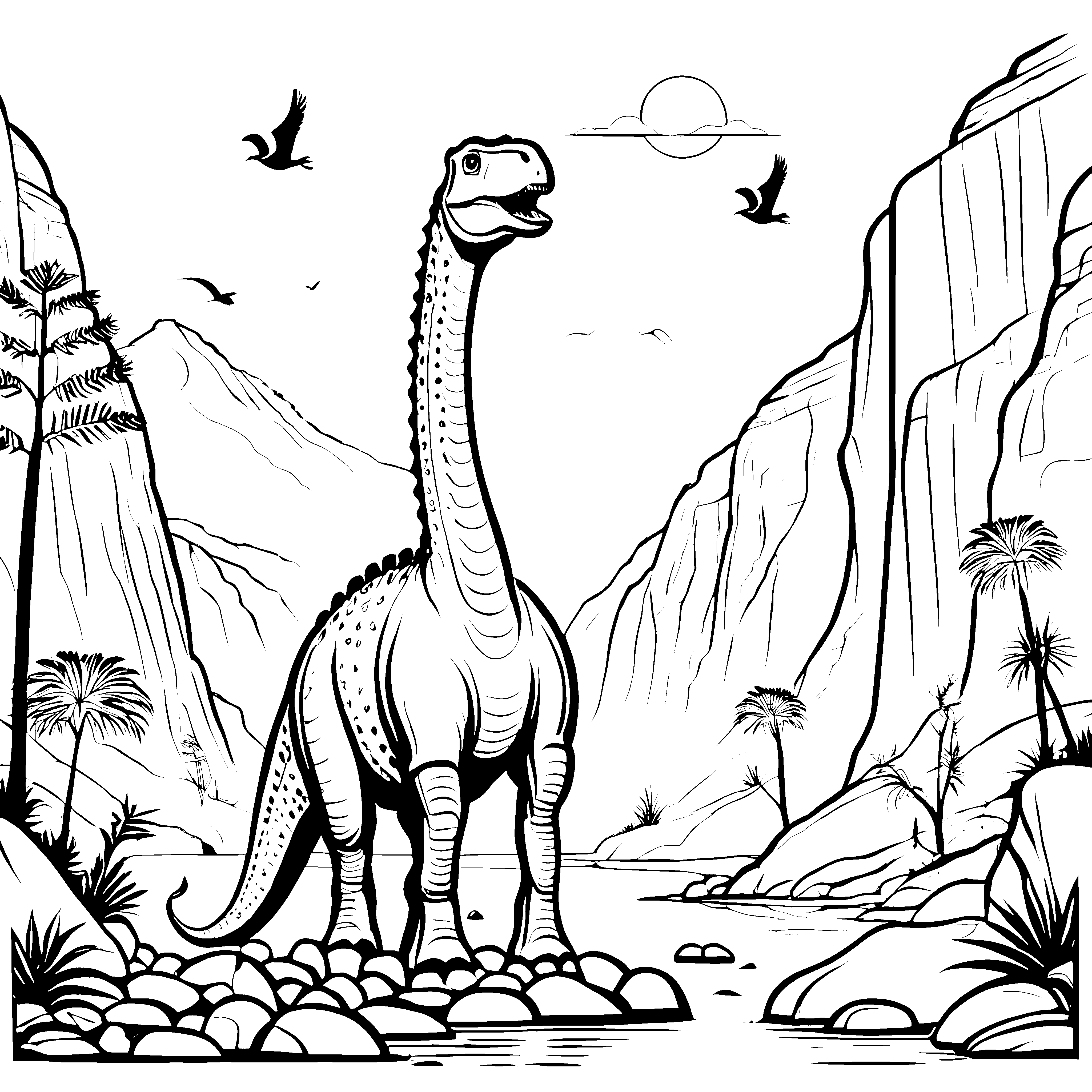 Großer Brachiosaurus in der prähistorischen Landschaft Ausmalvorlage für abenteuerlustige Entdecker