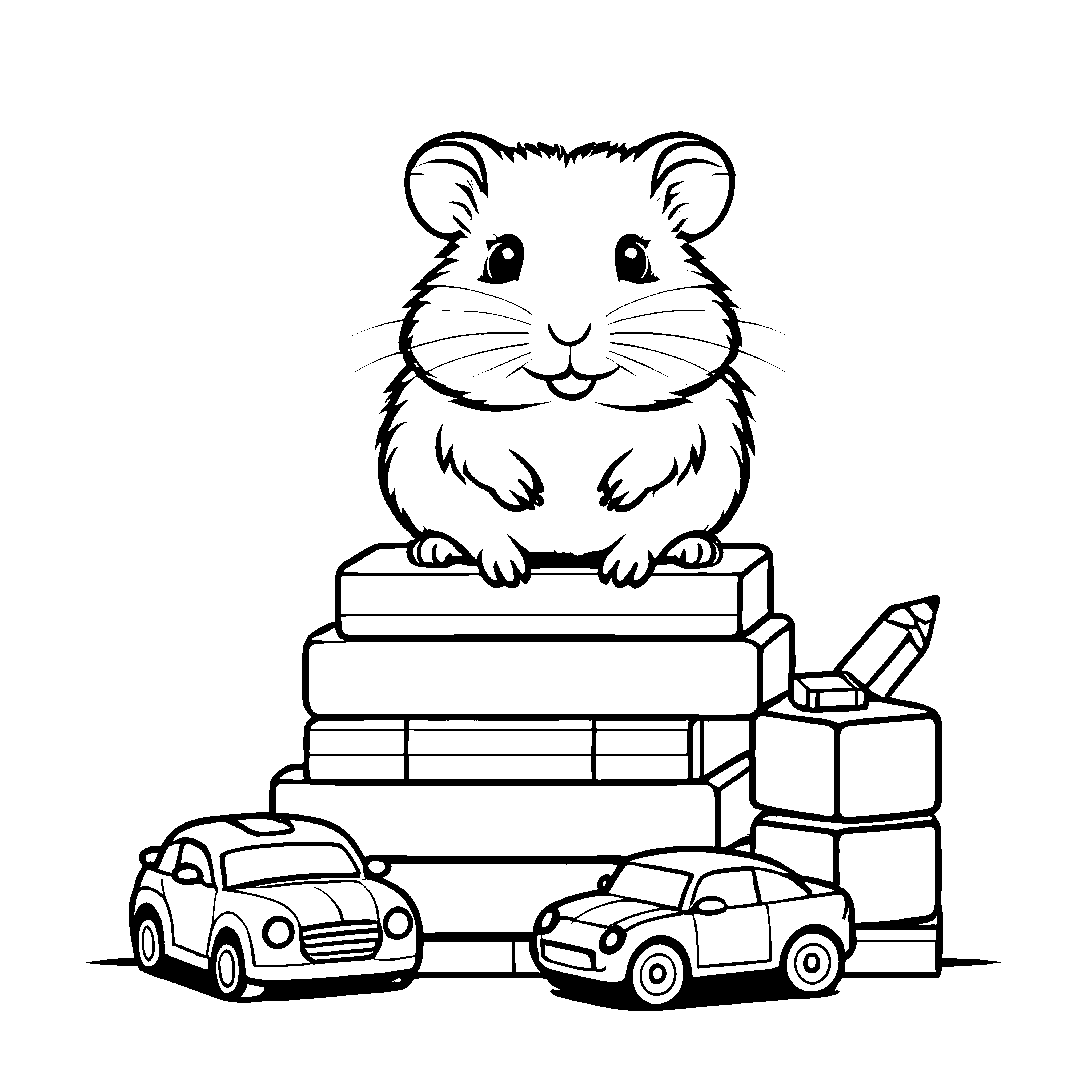 Kuscheliger Hamster auf bunten Büchern Ausmalvorlage für kleine Bücherfreunde
