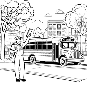 Freundlicher Busfahrer an lebhafter Haltestelle Ausmalbild für kleine Verkehrsliebhaber