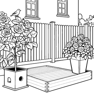 Blumige Rosen in kunstvollen Kübeln Ausmalvorlage für kreative Gartenentdecker