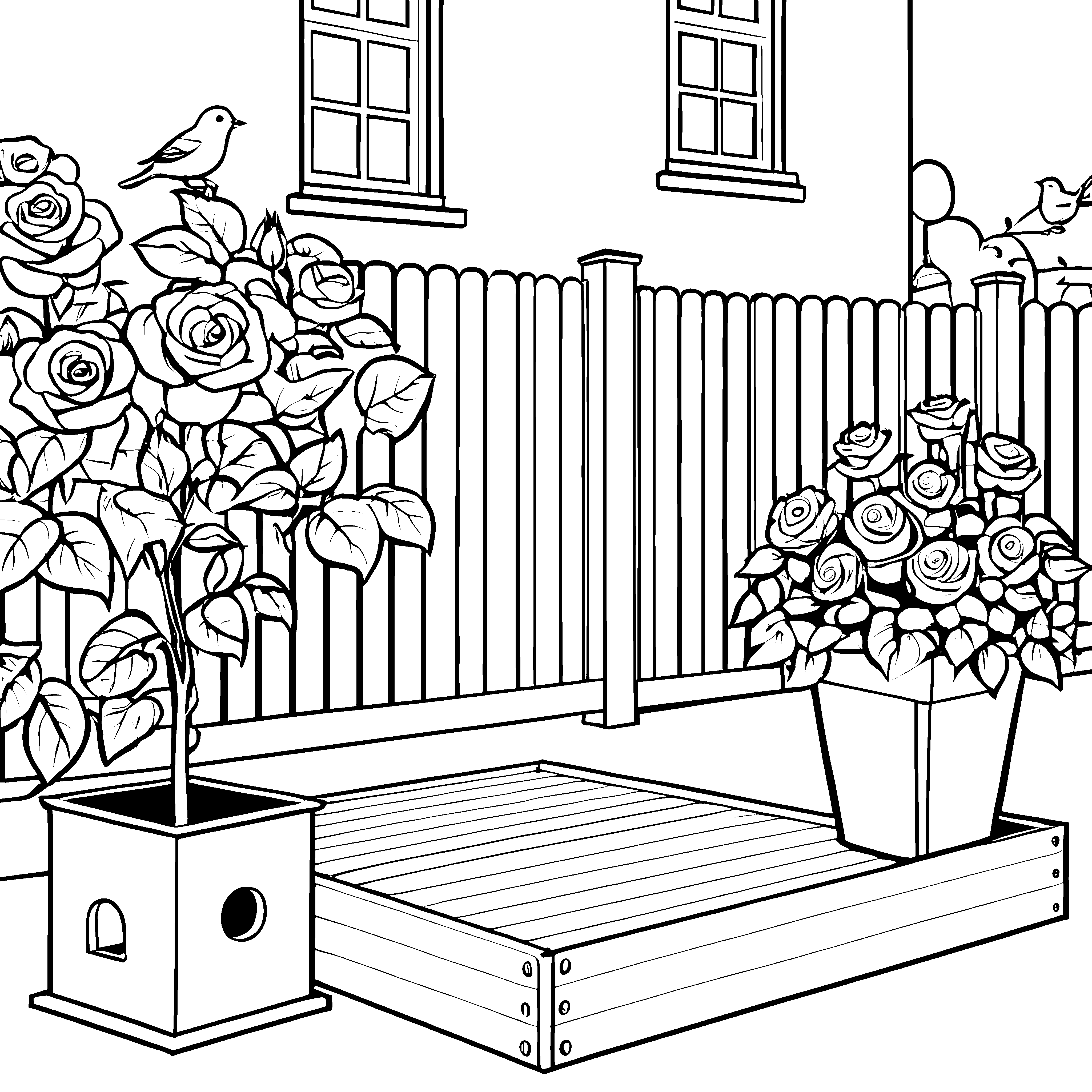 Blumige Rosen in kunstvollen Kübeln Ausmalvorlage für kreative Gartenentdecker