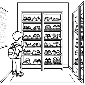Sorgfältiger Schuhschrank mit bunten Tretern Ausmalbild für kleine Ordnungskünstler