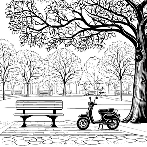 Sommerliches Moped unter schattigem Baum Ausmalvorlage für abenteuerlustige Kids