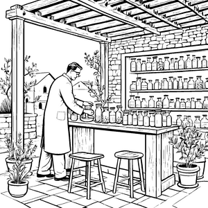Wissenschaftlicher Apotheker bei spannenden Mischungen Ausmalvorlage für neugierige Entdecker