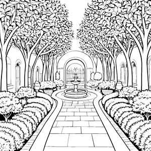 Zauberhafte Gartenlandschaft mit sprudelndem Brunnen Ausmalbild für kleine Naturfreunde