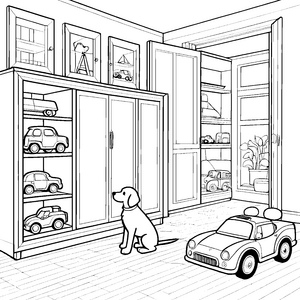 Vielfältiger Mehrzweckschrank mit Spielzeug und Hund Malvorlage für fantasievolle Organisatoren