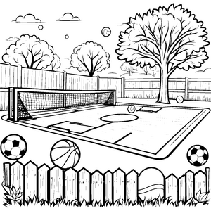 Bunte Sportbälle auf dem Gartenfeld Ausmalbild für aktive Nachwuchskünstler
