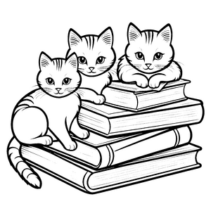 Süße Kätzchen schmusen auf bunten Bücherstapeln Ausmalbild für kreative Leseratten