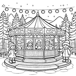 Fröhlicher Weihnachtskarussell mit strahlenden Figuren Ausmalvorlage für begeisterte kleine Entdecker