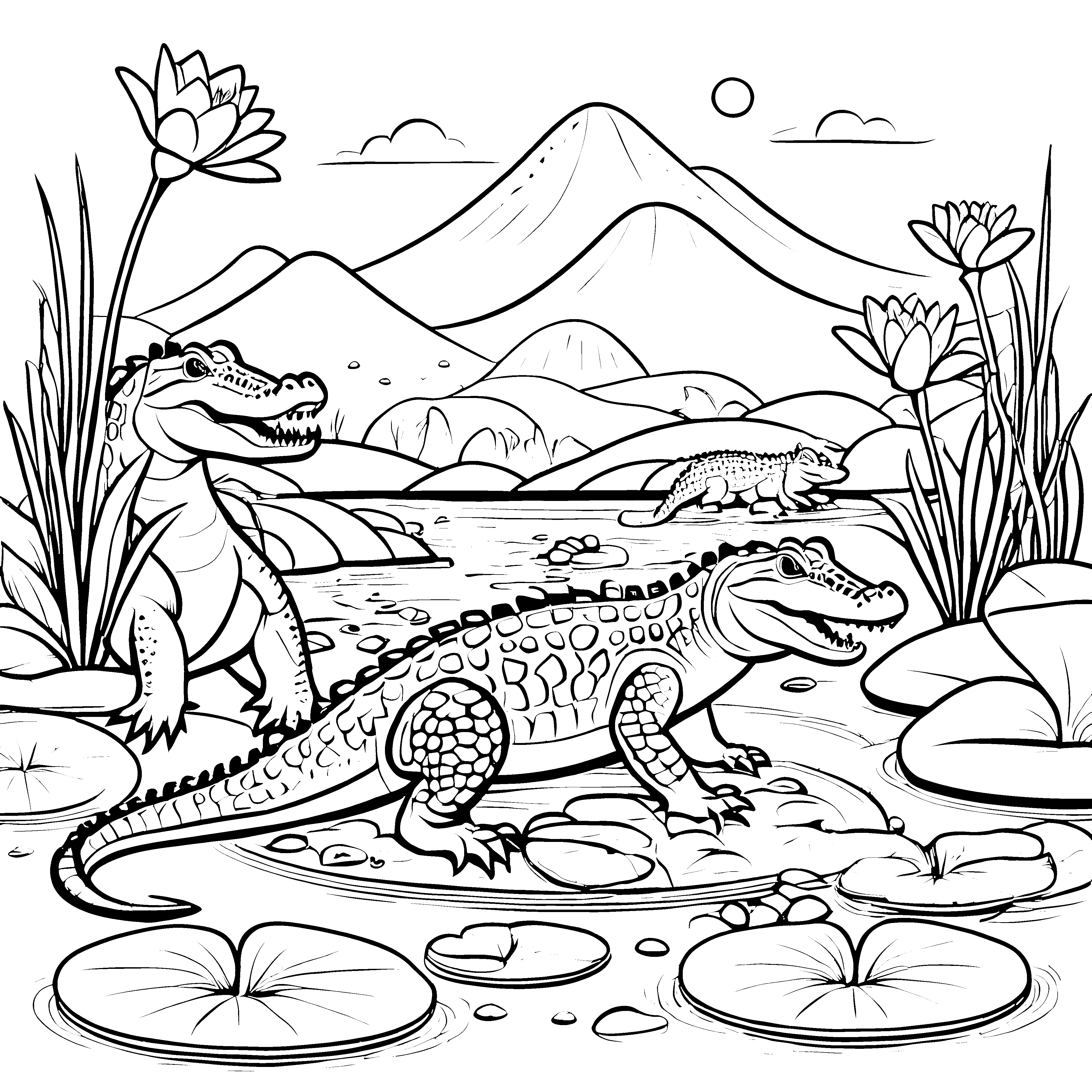Kreative Krokodile am spritzigen Wasserfall Ausmalbild für abenteuerliche Tierfreunde