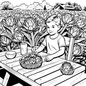 Frecher Junge mit Artischocken im Garten Ausmalbild für kleine Naturentdecker
