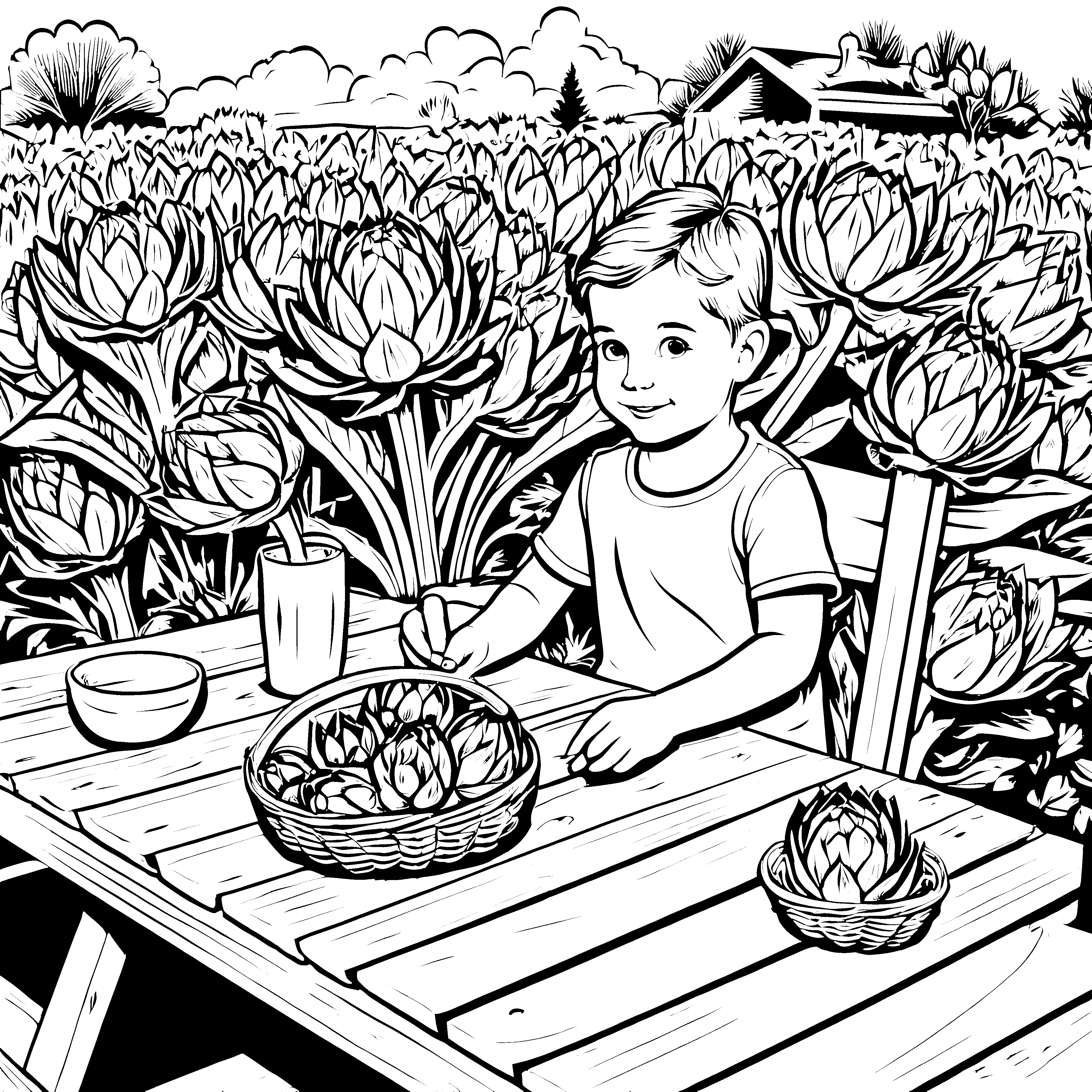 Frecher Junge mit Artischocken im Garten Ausmalbild für kleine Naturentdecker