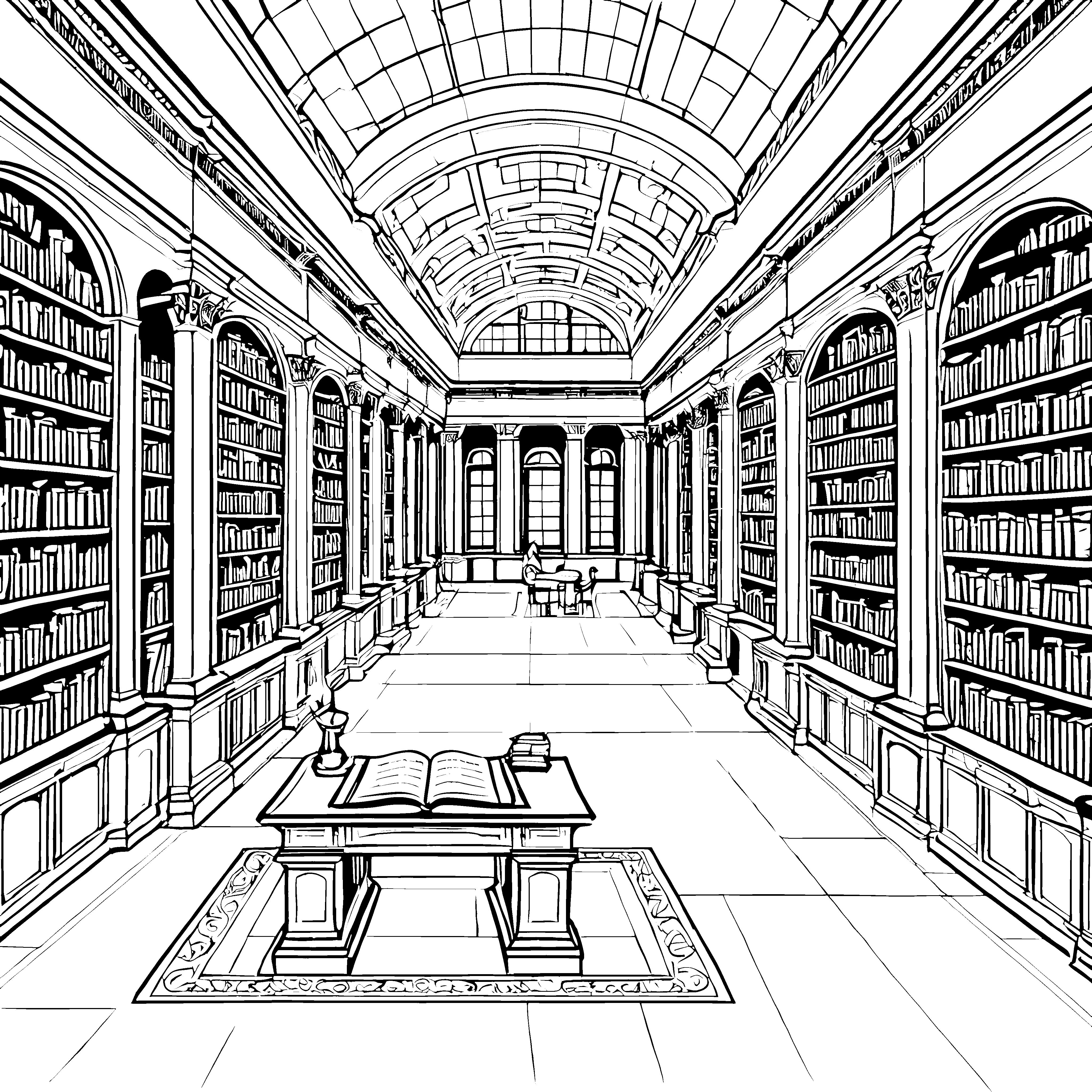 Faszinierende Bibliothek mit vielen Geschichten Malvorlage für wissbegierige Bücherwürmer