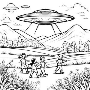 Intergalaktisches UFO über grüner Wiese Ausmalvorlage für neugierige Weltraumforscher