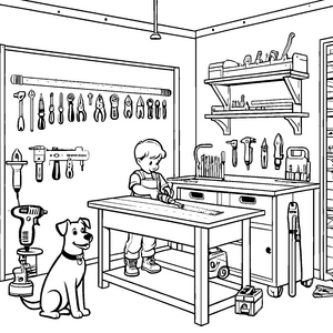 Kreativer Handwerker mit Schrauber und Hund Ausmalbild für junge Bastelfans