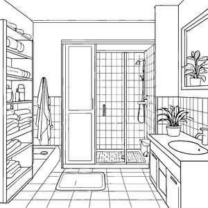 Badezimmer mit fröhlichem Pflanzenfreund und bunten Handtüchern Ausmalbild für kreative Ordnungsmuffel