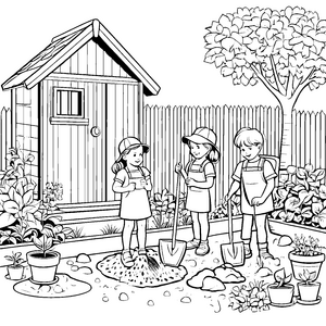 Fröhliche Gärtner-Kinder beim Pflanzabenteuer Ausmalbild für kleine Gartenfreunde