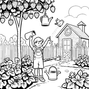 Sonniger Junge gießt fröhlich Erdbeerpflanzen Ausmalvorlage für kleine Gartenfreunde