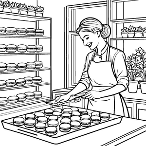 Kreative Konditorin mit bunten Macarons Ausmalbild für fantasievolle Backfreunde