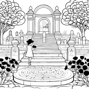 Mystischer Garten mit bunten Blumen und alten Gräbern Ausmalvorlage für kleine Geschichtenerzähler