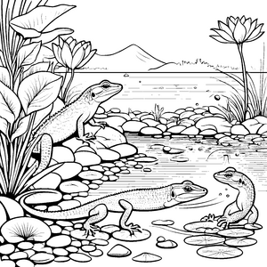 Faszinierende Eidechsen beim Planschen im Wasser Ausmalbild für kleine Naturfreunde