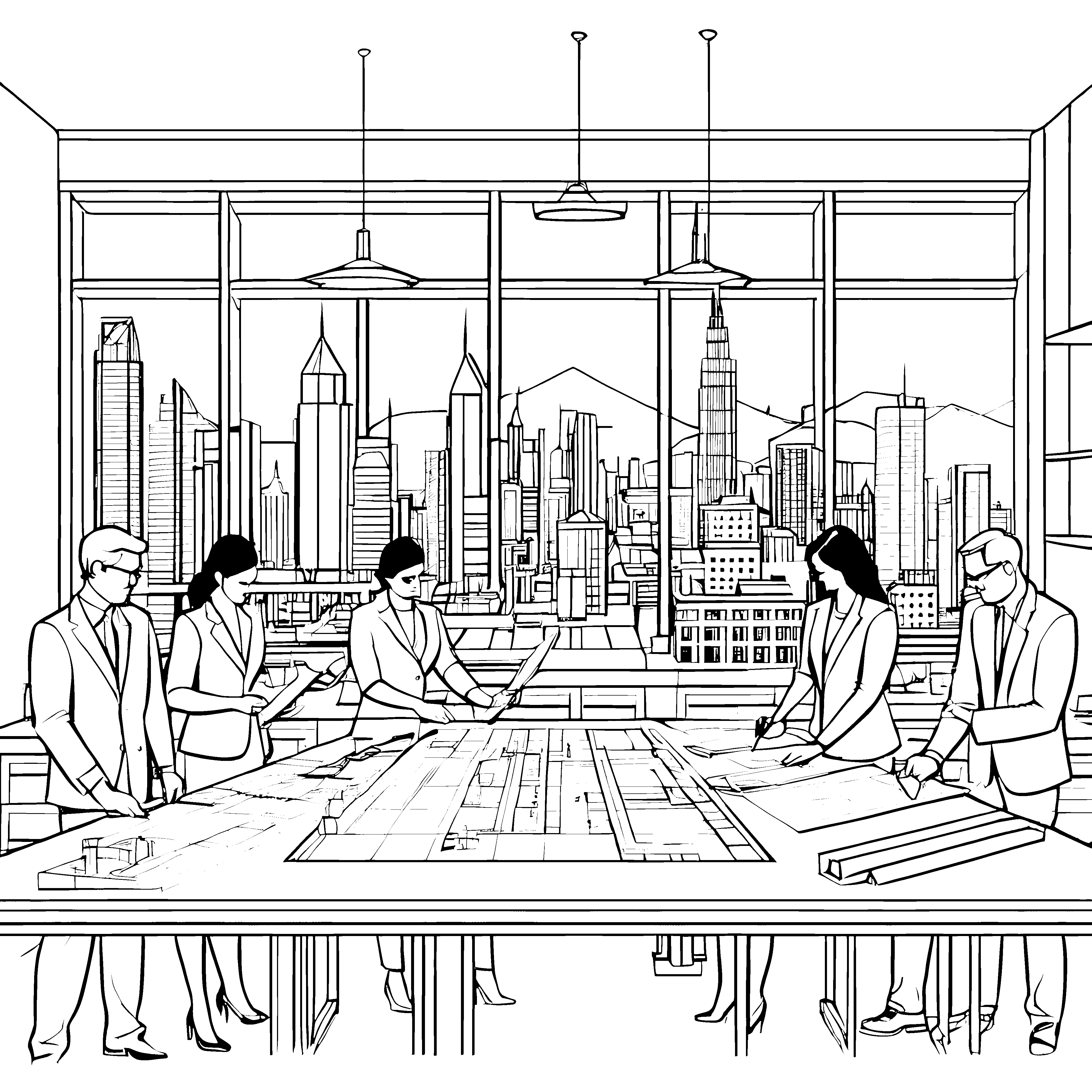 Innovatives Architekturteam bei spannender Planung Ausmalmotiv für angehende Stadtgestalter