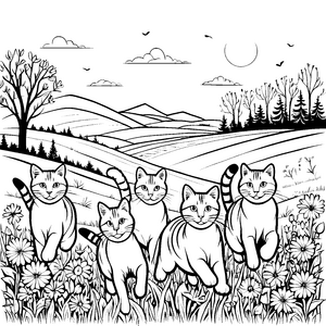 Rasante Katzenrennen durch blühende Wiesen Ausmalbild für flinke Tierliebhaber