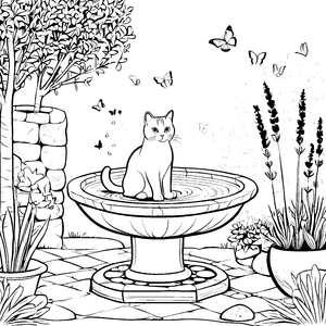 Britisch Kurzhaar Katze am Springbrunnen Ausmalvorlage für neugierige kleine Entdecker