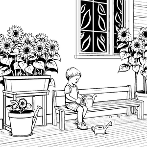 Fröhlicher Junge gießt bunte Blumen im Garten Ausmalvorlage für kleine Pflanzenfreunde