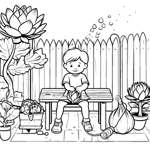 Lächelnder Junge mit frischen Artischocken im Garten Ausmalbild für kleine Naturfreunde