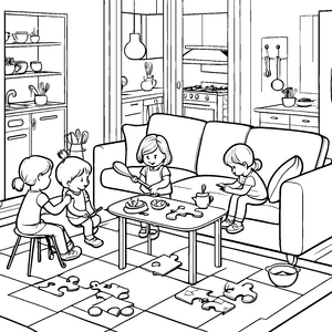 Fröhlicher Spieltisch mit kreativen Ideen Ausmalvorlage für junge Bastelfreunde