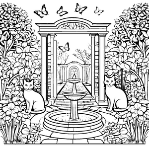 Elegante Hauskatzen im zauberhaften Garten Ausmalbild für kreative Naturfreunde