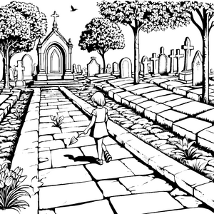 Entdeckungsreise über den geschichtsträchtigen Friedhof Ausmalbild für kleine Geschichtenerzähler