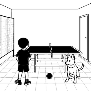 Frohes Tischtennis-Spiel mit spielerischem Hund Ausmalbild für aktive Entdecker
