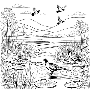 Farbenfrohe Fasane am schimmernden Teich Ausmalbild für neugierige Naturfreunde