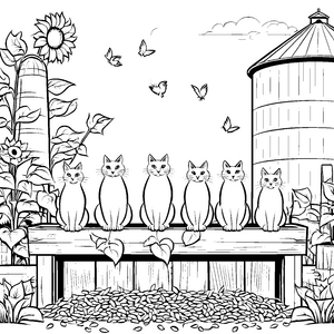Sich versammelnde Bauernhofkatzen auf sonniger Wetterbank Ausmalbild für abenteuerliche Tierfreunde