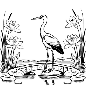 Storch auf malerischer Brücke mit Wasserlilien Ausmalvorlage für fantasievolle Entdecker