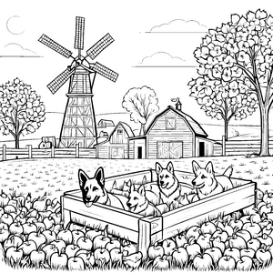 Fröhliche Hofhunde im Apfelgarten Ausmalbild für kreative Entdecker