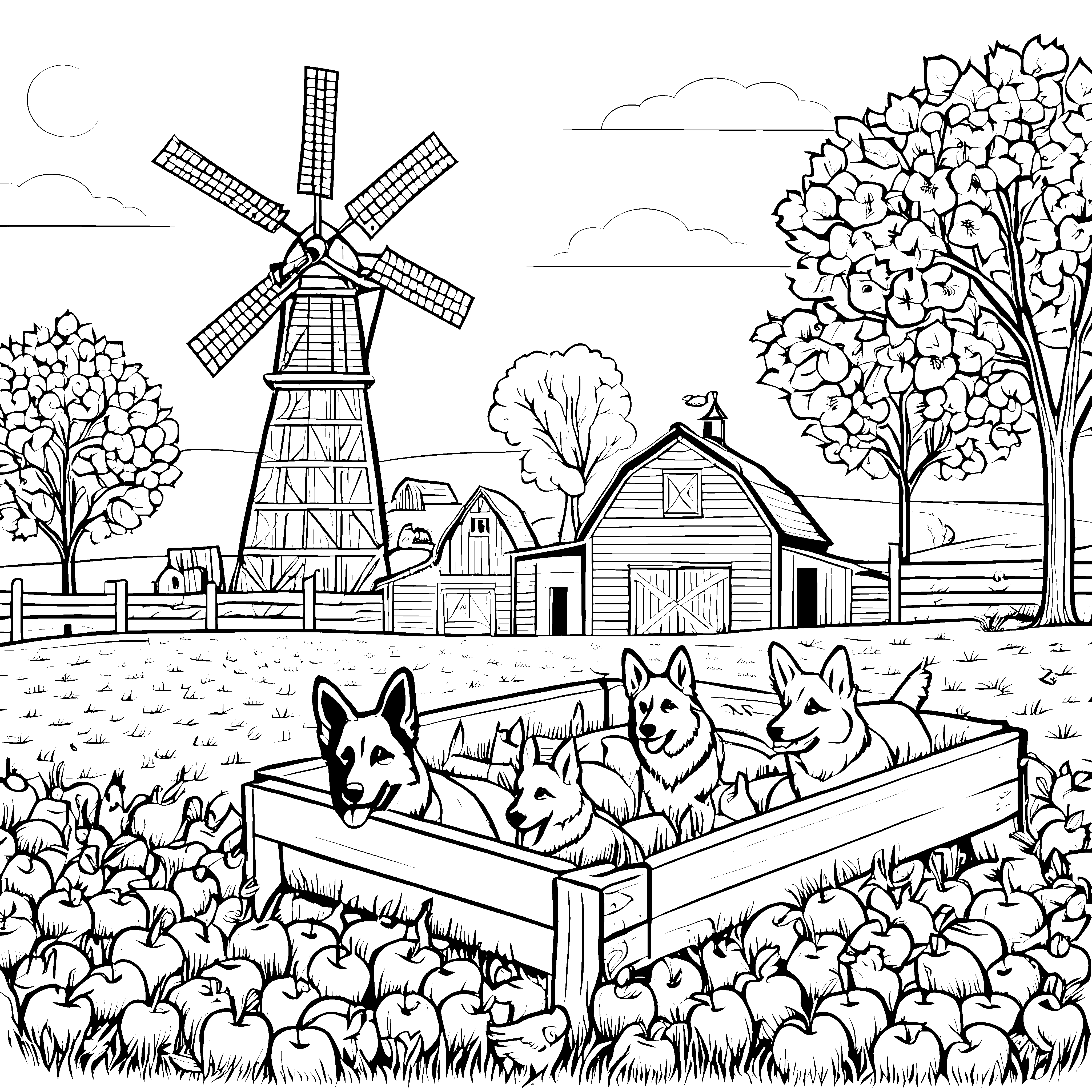 Fröhliche Hofhunde im Apfelgarten Ausmalbild für kreative Entdecker