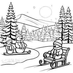 Fröhliche Schneemänner beim lustigen Rodeln Ausmalmotiv für winterliche Entdecker