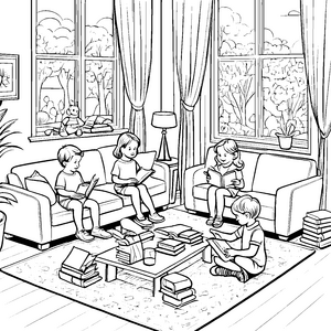 Gemütlicher Couchtisch mit bunten Büchern Ausmalvorlage für neugierige Leseratten