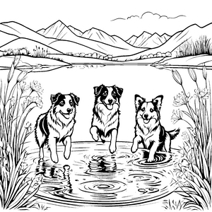 Drei fröhliche Australian Shepherds im Wasser Ausmalvorlage für aktive Hundeliebhaber
