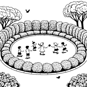 Fröhliche Kinder tanzen im Heckenlabyrinth Ausmalbild für kreative Entdecker