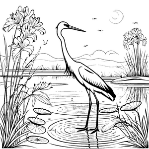 Eleganter Reiher in stiller Lagune Ausmalvorlage für kleine Naturkünstler