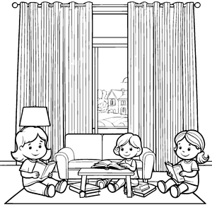 Begeisterndes Lesespaß mit Freunden am Couchtisch Ausmalbild für junge Bücherwürmer