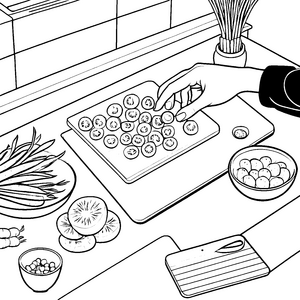 Fröhliche Frühlingszwiebeln beim bunten Kochen Ausmalmotiv für kreative Küchenzauberer