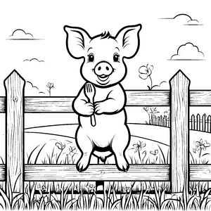 Hängebauchschwein-Ferkel mit fröhlicher Gabel Ausmalmotiv für kleine Feinschmecker